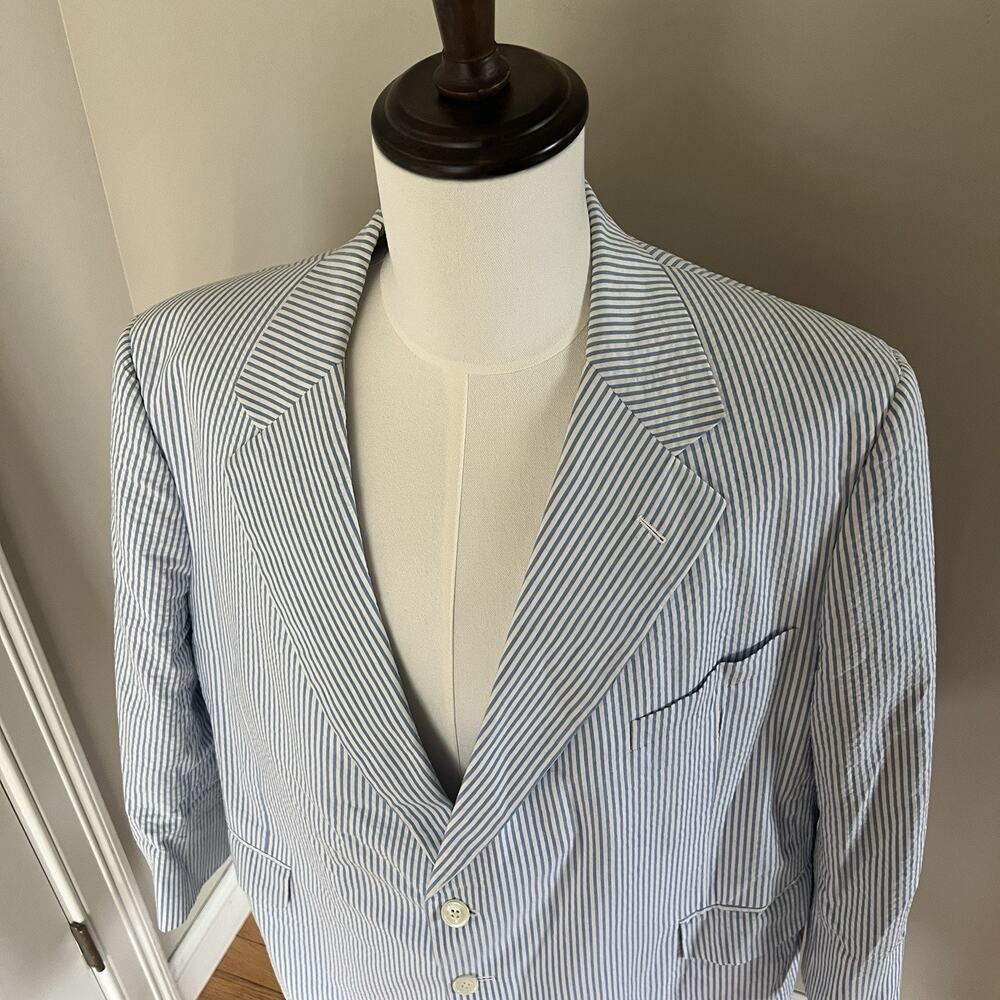Brooks Brothers Seersucker Blazer Jacket Blue Stripe Size 42R Golden Fleece Mens